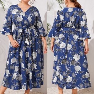 City Chic Teal Blue Floral Chiffon Ruffle Wrap Midi Dress Size 14